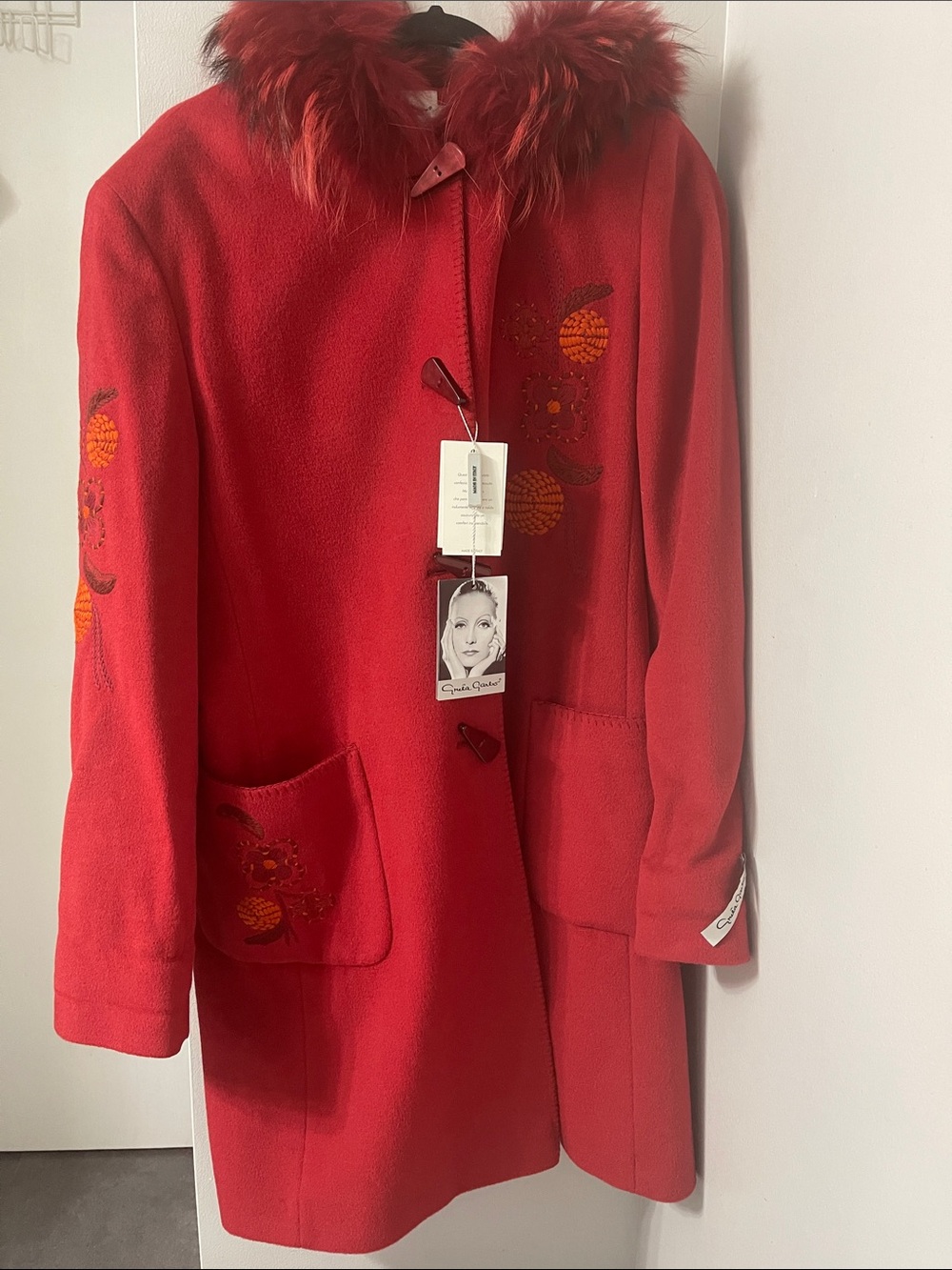 Bright Red Girls' Wool Coat with Fur Trim